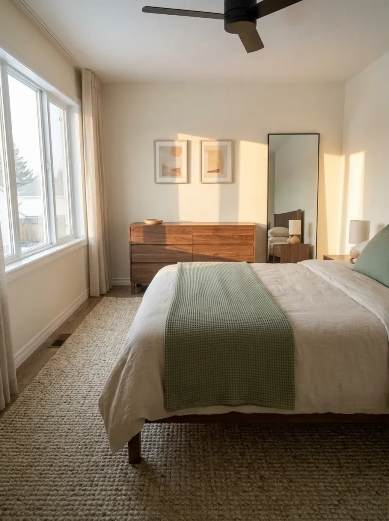 Warm walnut furniture adding natural contrast to pale neutral finishes in a compact mobile home bedroom.