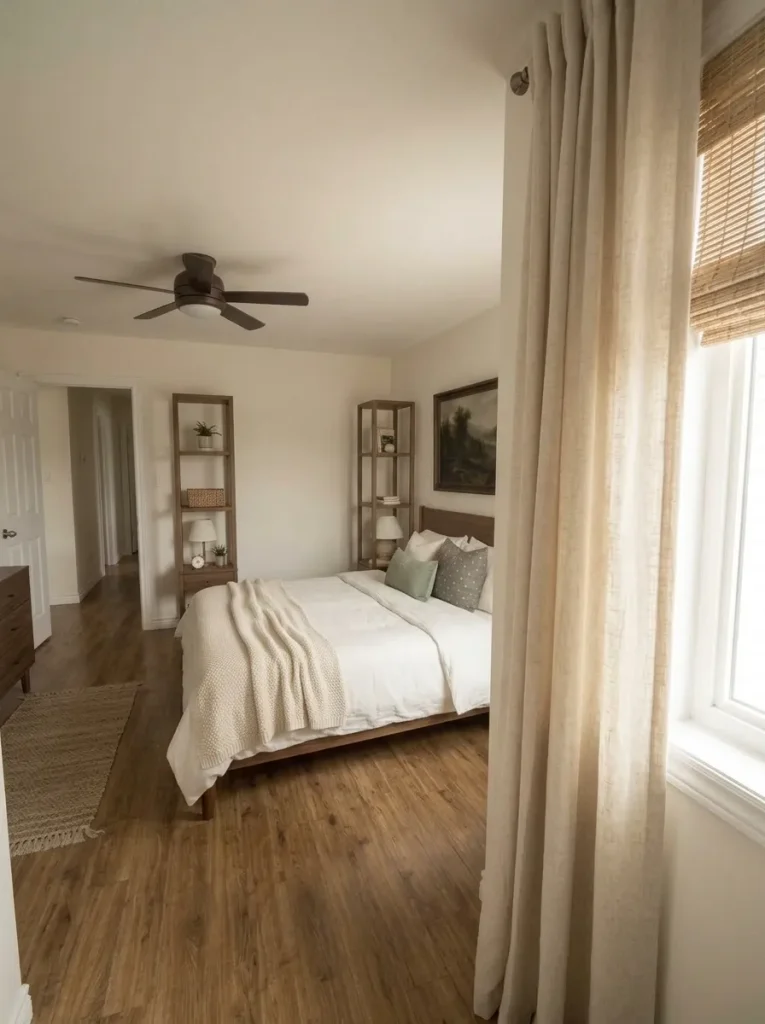 Compact mobile home primary bedroom with full-length ivory curtains extending beyond the window to create a more intentional wall composition.