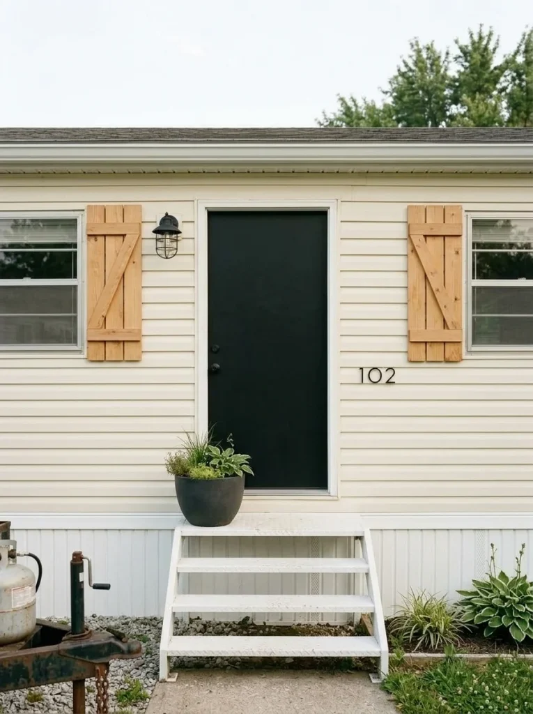 Matte-black front door creates a strong focal point against warm-white mobile home siding and simple wood shutters.
