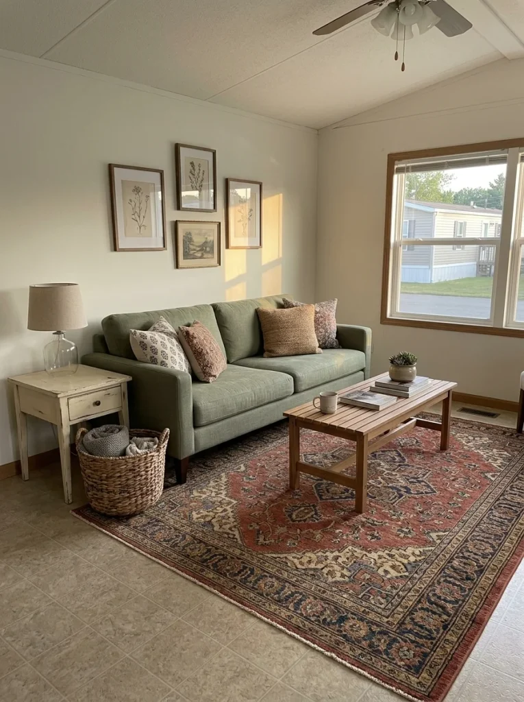 Mobile home living room combining one high-impact rug with inexpensive thrifted and existing decor for a balanced budget makeover.
