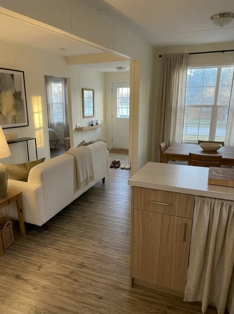 Finished budget-friendly mobile home interior with coordinated lighting, flooring, curtains, décor and connected sightlines at dusk.