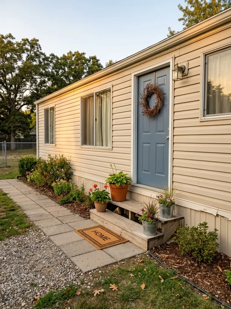 Modest mobile home exterior with a budget-friendly front entry styled using a doormat, simple planters and restrained door décor.