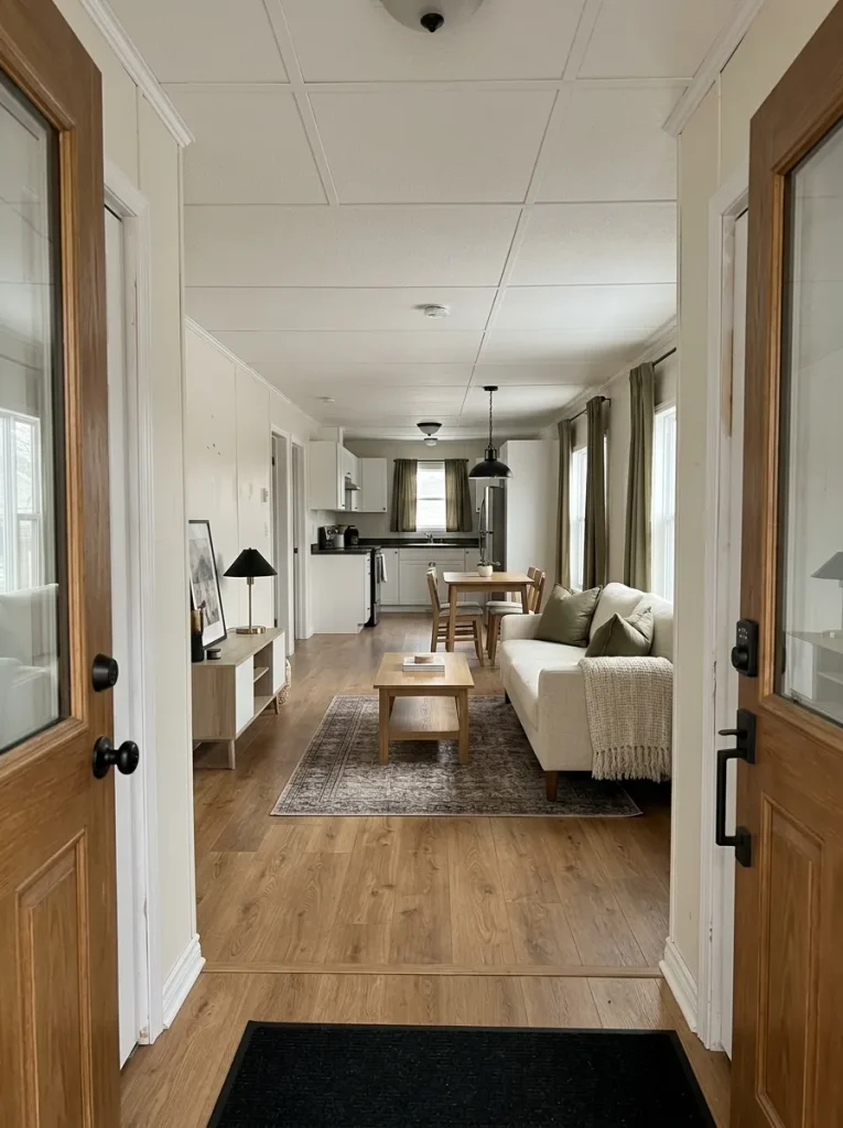 Mobile home entrance view showing a polished long sightline through the living room, dining area and kitchen.