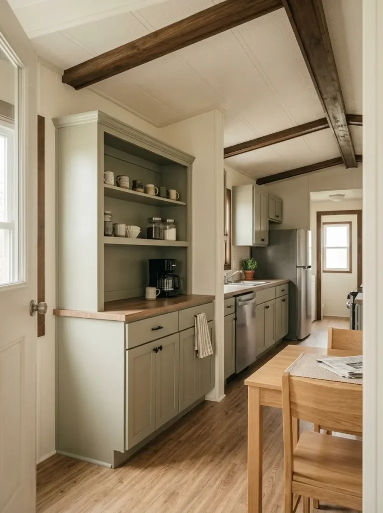 Original mobile-home built-in repurposed as a compact coffee station beside the dining area.