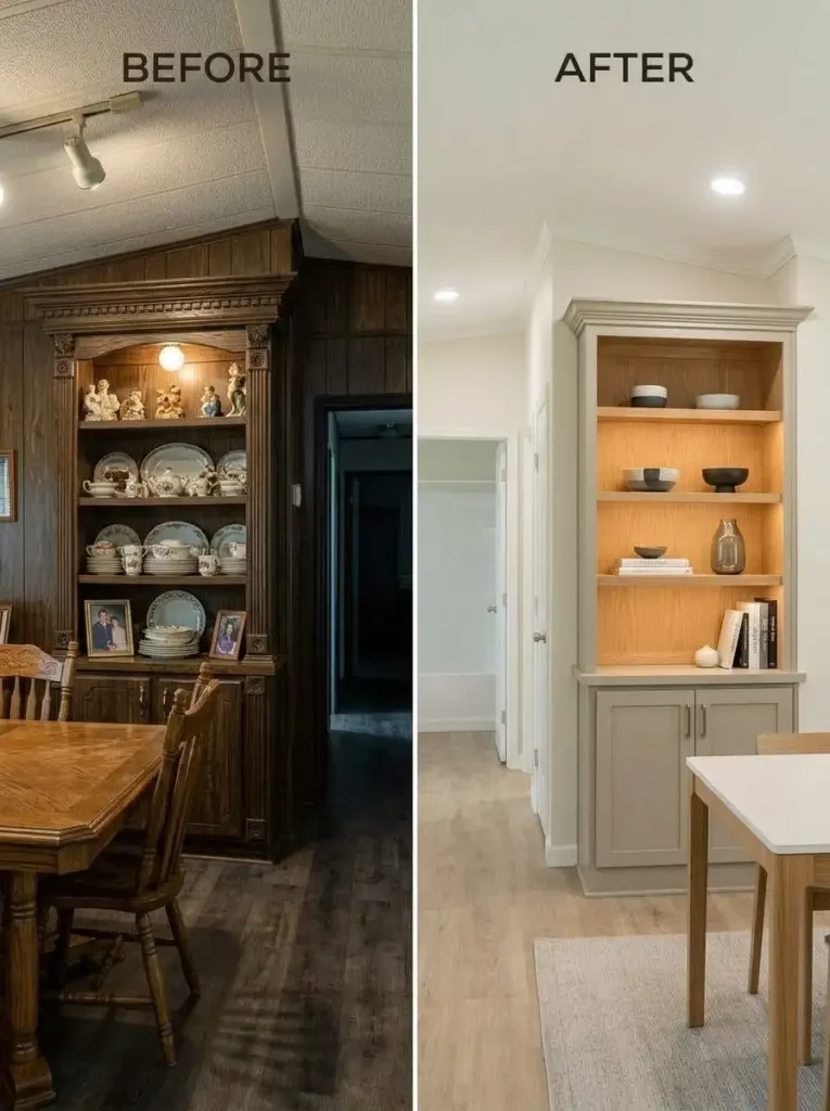 Original mobile home built-in hutch updated with a lighter finish while preserving useful storage and character.