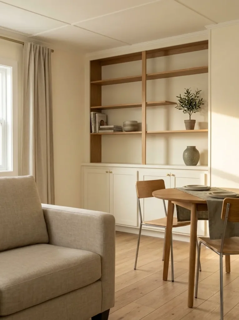 Existing mobile-home built-in converted to open upper shelves and closed lower storage beside the dining area.