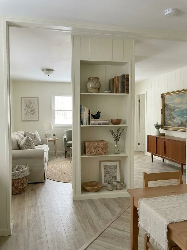 Older mobile home built-in shelves restyled with books, baskets, ceramics and intentional empty space instead of being removed.