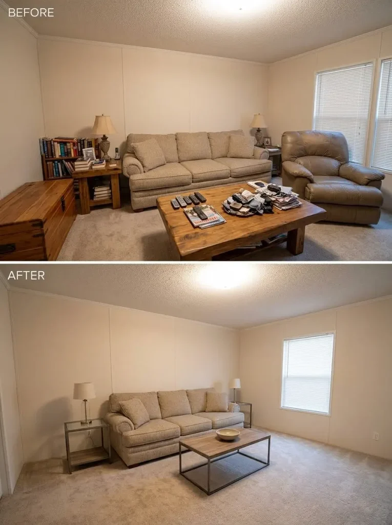Mobile home living room before and after secondary furniture is removed to reveal more floor and circulation around the existing sofa.