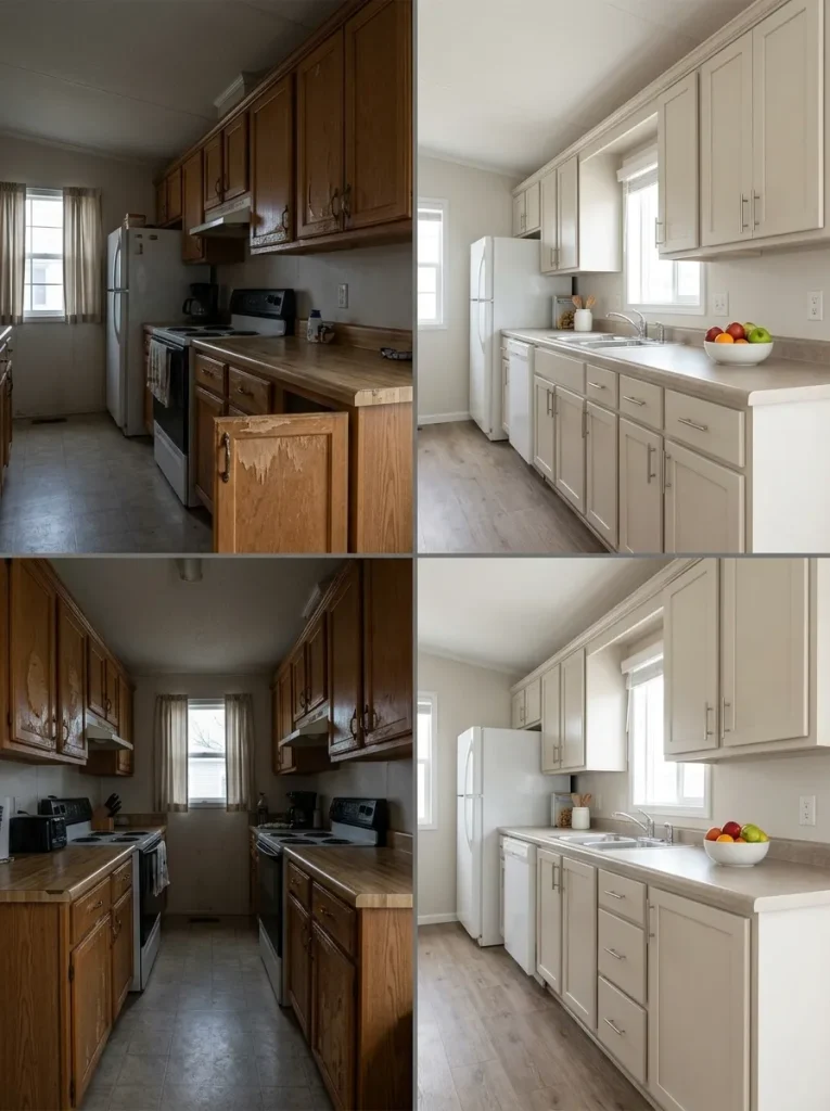Mobile home kitchen before and after sound cabinet boxes are retained while failing door surfaces and hardware are properly refreshed.