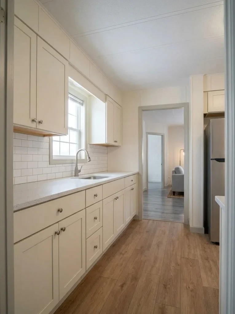 Aligned cabinet doors and coordinated hardware refresh an existing mobile home kitchen without replacing the cabinets.