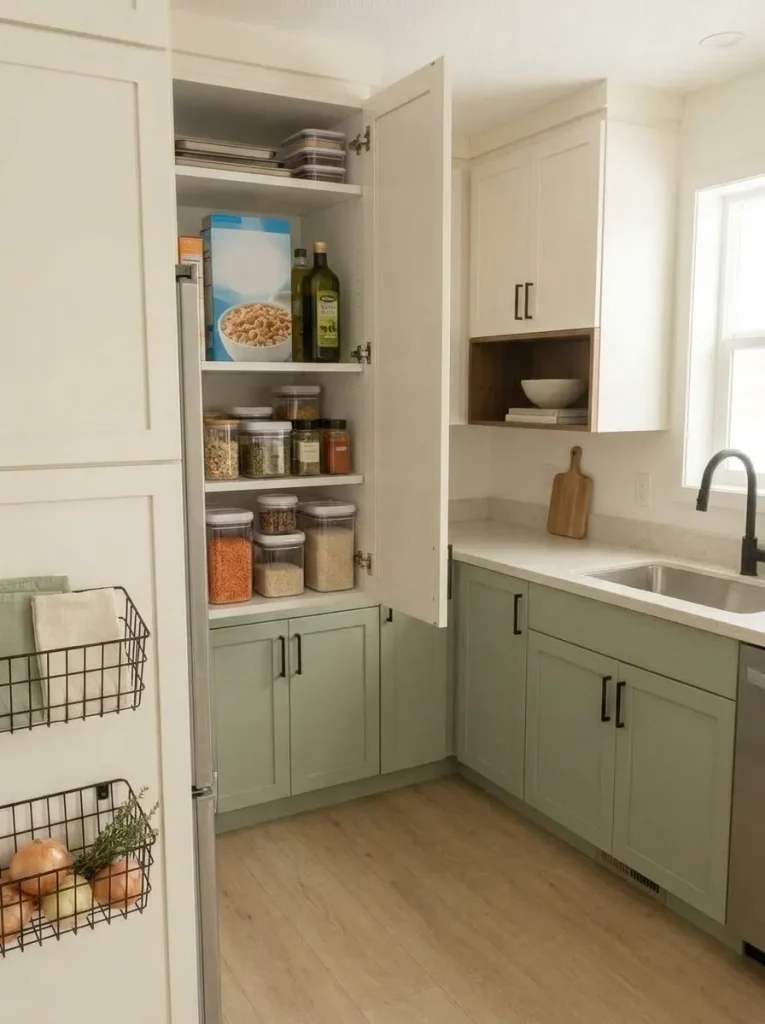 Open mobile home kitchen cabinet with an added shelf creating a second level for short pantry items while a neighboring section remains full height.