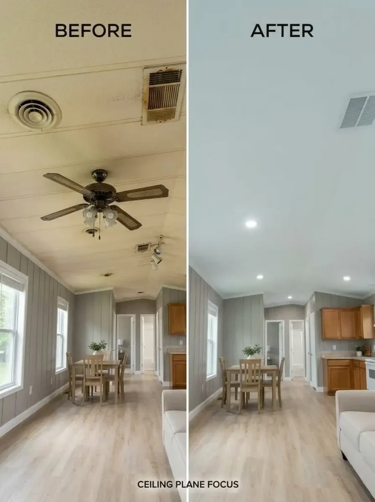Older mobile home ceiling before and after a lighter finish and quieter fixture reduce overhead visual clutter.