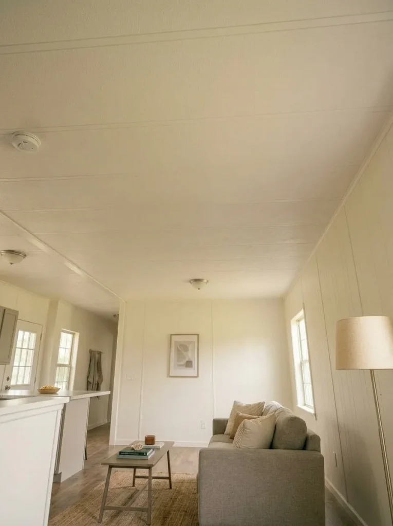 Consistent ceiling and seam finishes help a low mobile home ceiling recede visually in the living room.