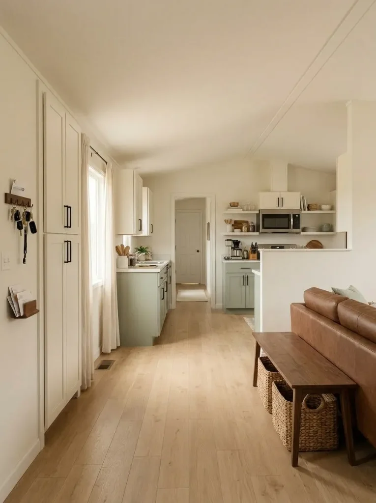 Long view through a compact mobile home with storage kept outside the clear walking path between living room, kitchen and hallway.