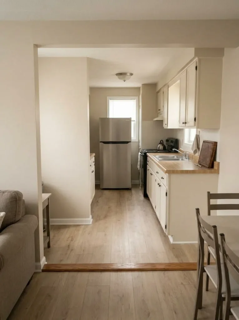 Mobile home kitchen with the refrigerator top left completely clear to reduce visual clutter near the low ceiling.