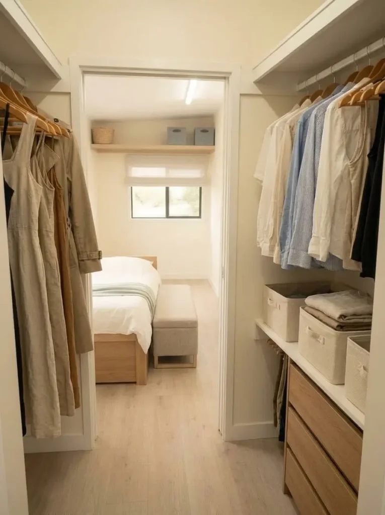 Closet with drawers below short hanging clothes and clear floor beneath long garments in a mobile home bedroom.