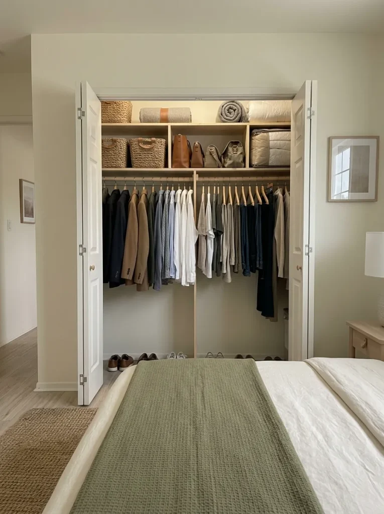 Mobile-home bedroom closet with a second upper storage shelf that preserves access to hanging clothes and the walking route.