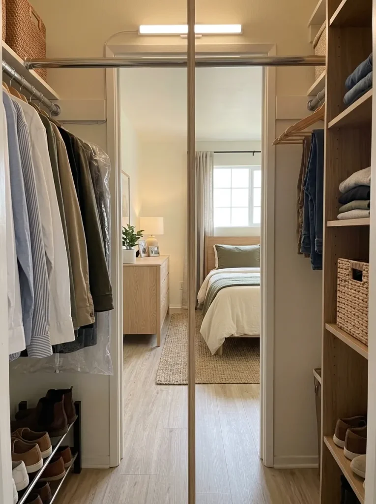 View from inside a mobile-home closet showing simple task lighting making stored items easier to see while the bedroom remains visible beyond.