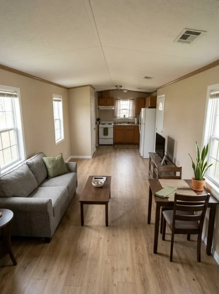 Connected mobile home living, dining and kitchen spaces linked by small repeated olive-green accents.