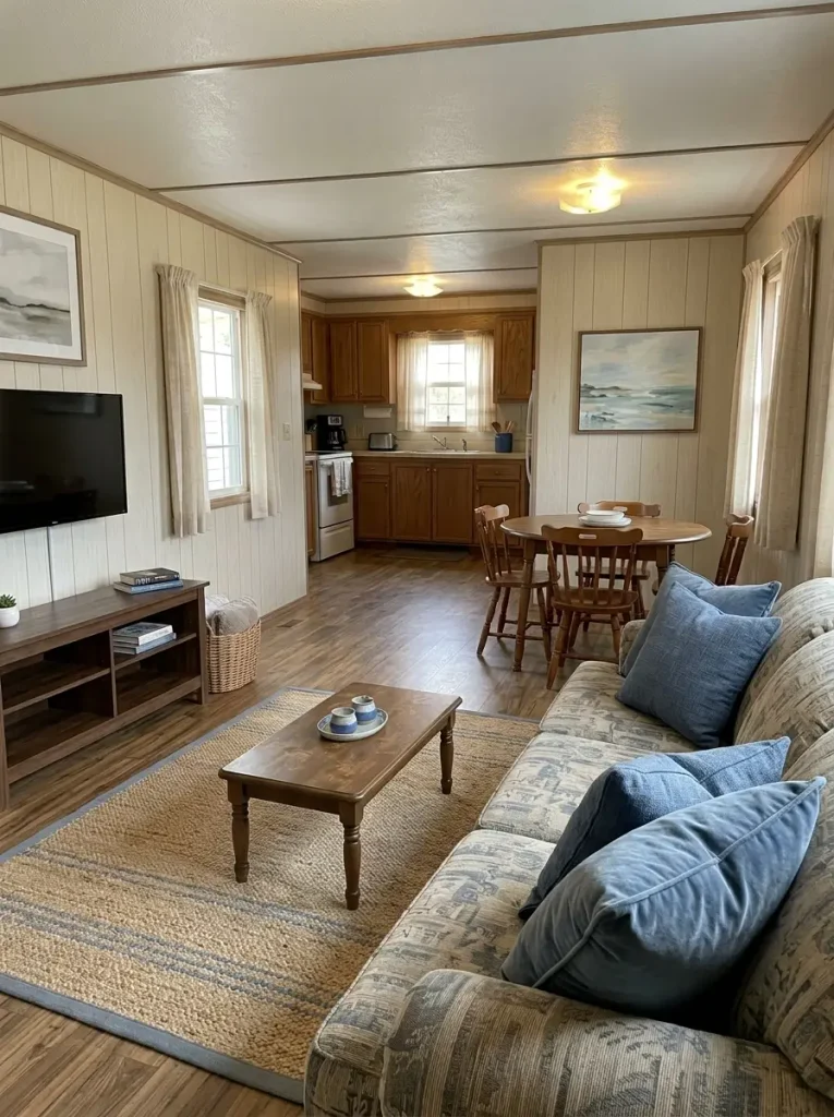 Dusty blue repeated in different amounts across connected mobile home living, dining and kitchen spaces.
