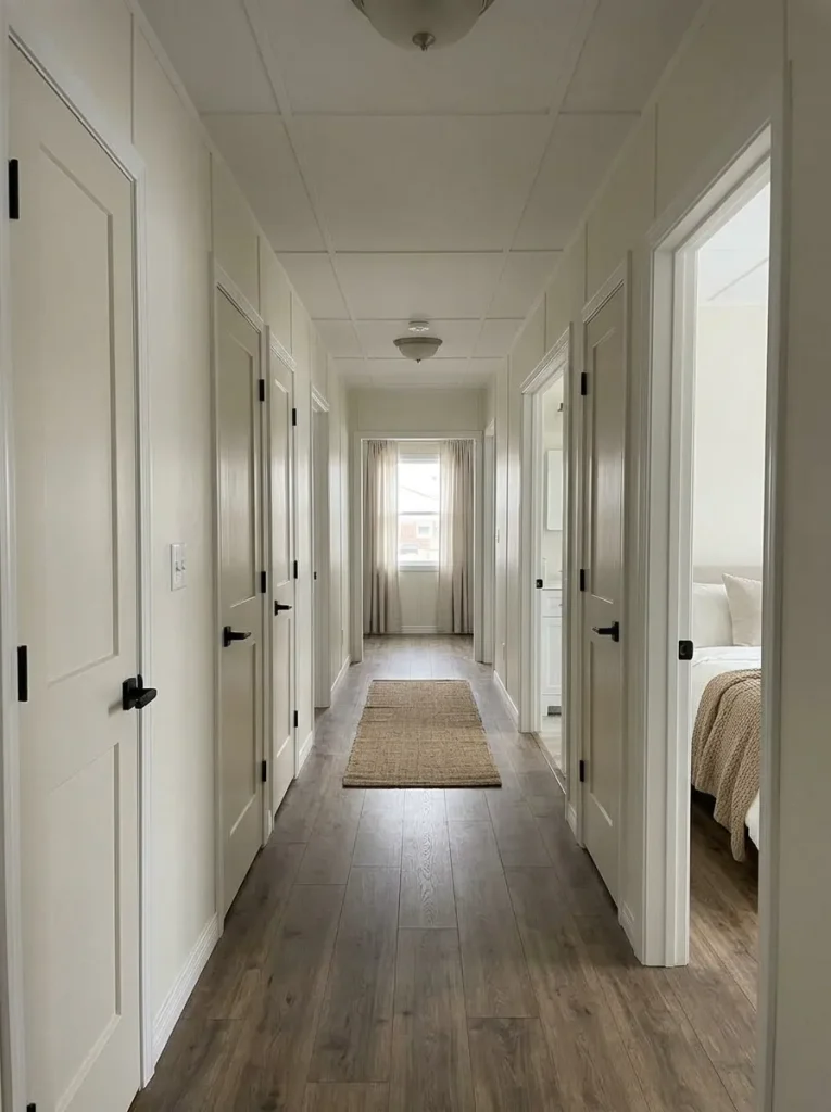 Mobile home hallway with coordinated white trim, matching door finishes and related hardware creating visual consistency.