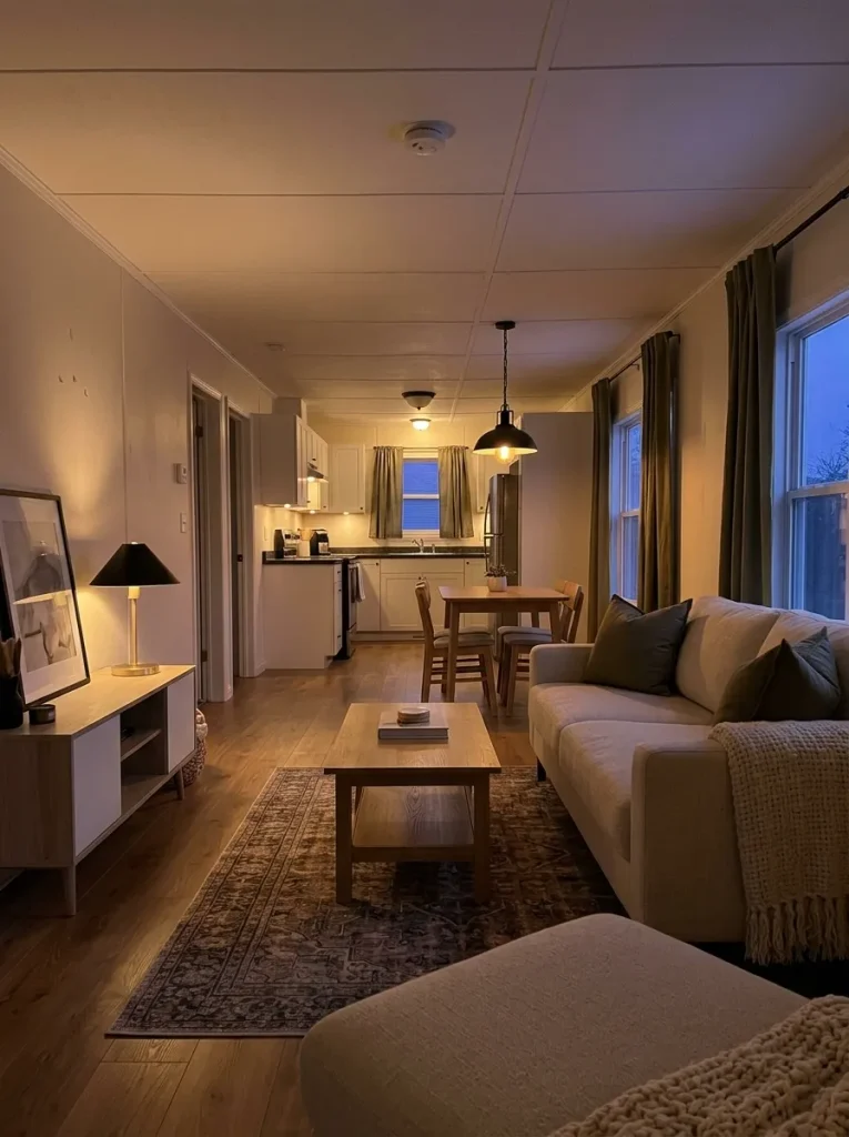 Mobile home living room and kitchen with coordinated warm evening lighting using simple existing fixtures and lamps.