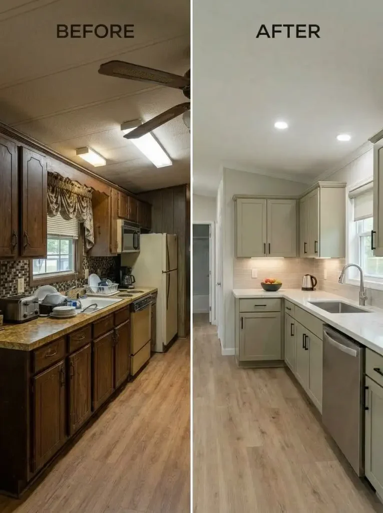 Compact mobile home kitchen with a calmer counter and backsplash combination reducing competing patterns.