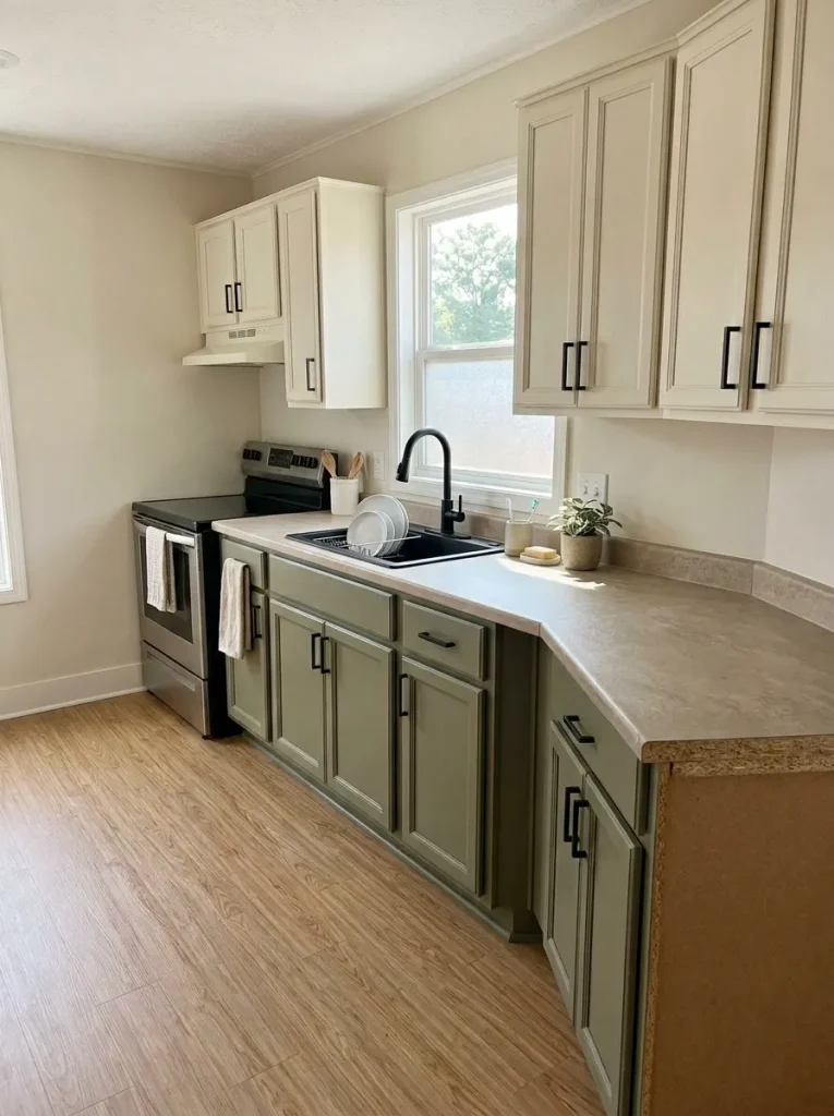 Compact mobile-home kitchen with a sound laminate countertop refreshed with a realistic DIY surface treatment.