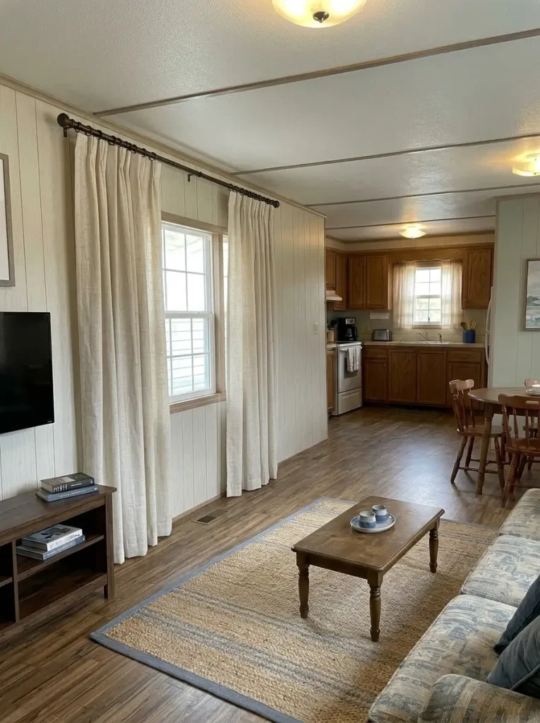 Budget mobile home window styled with higher, wider curtain placement to make the opening feel more substantial.