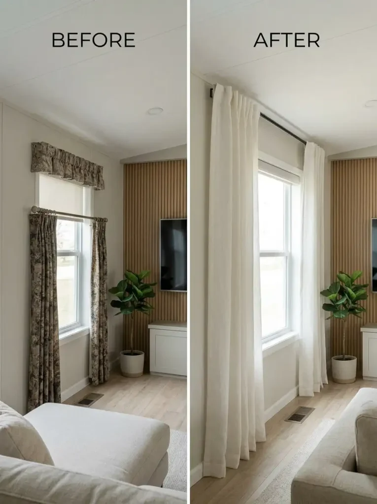 Mobile home window before and after higher, wider curtain placement makes the opening feel taller and brighter.