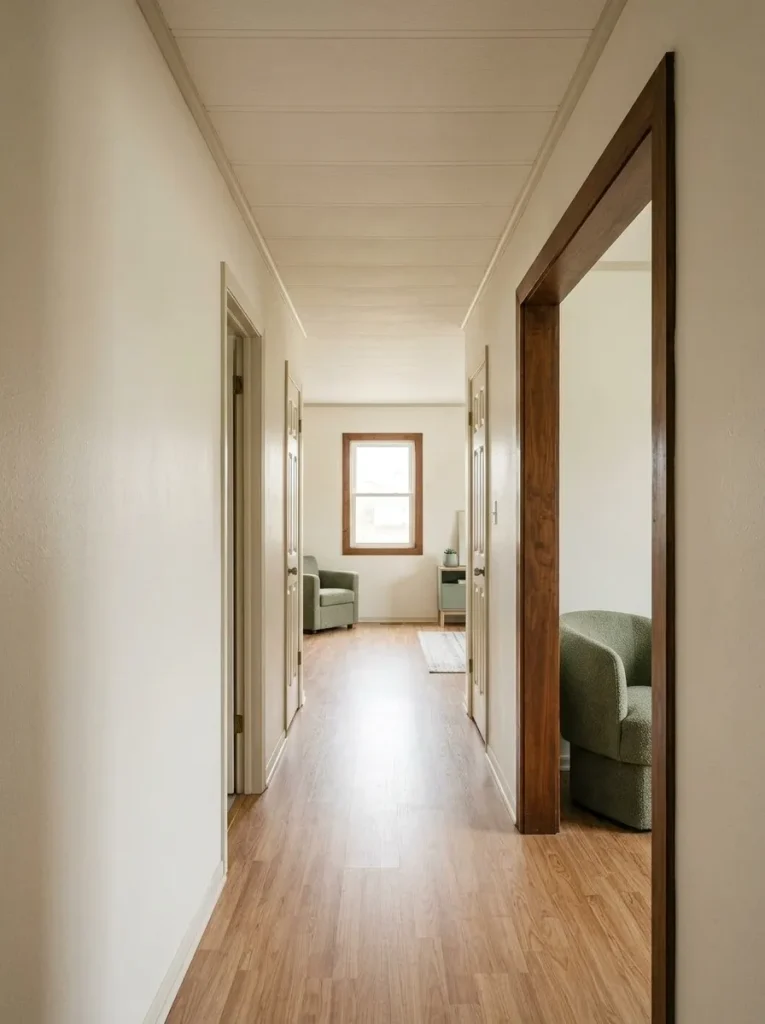 Long mobile-home hallway with dark original trim retained only around key openings.