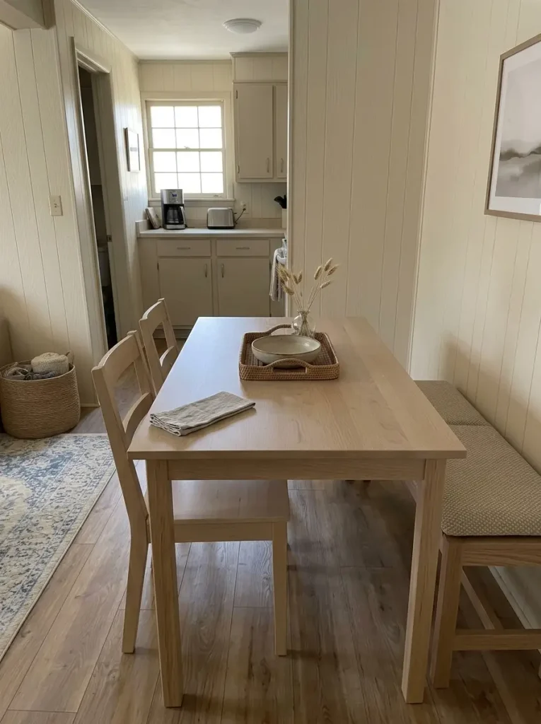 Mobile home dining table kept mostly clear with one small movable centerpiece for everyday use.