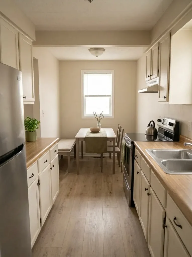 Narrow mobile home dining table with a simple runner that repeats colors from the connected kitchen.