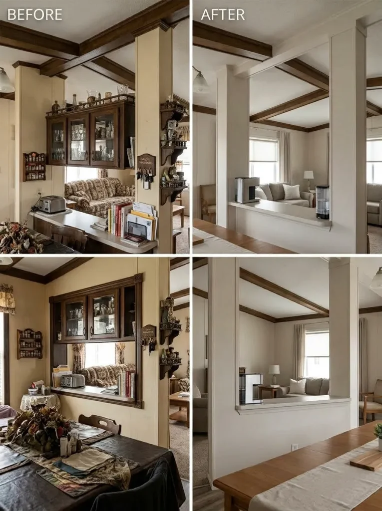 Before-and-after mobile home sightline showing how simplifying a pass-through and its visual clutter can improve openness without changing the home's structure.