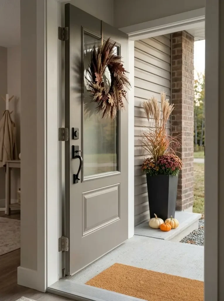 Partially open mobile home front door with fall decor kept clear of the handle and walking path.