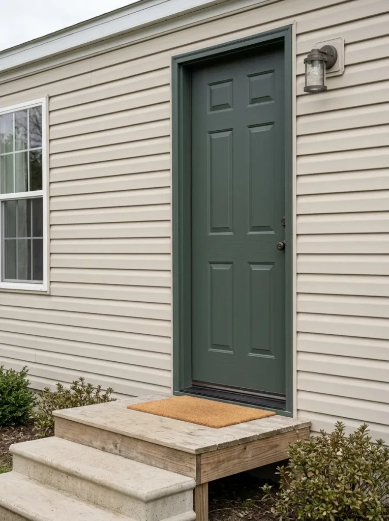 Mobile-home front door with refreshed perimeter weatherstripping and a new lower sweep on the existing sound door.