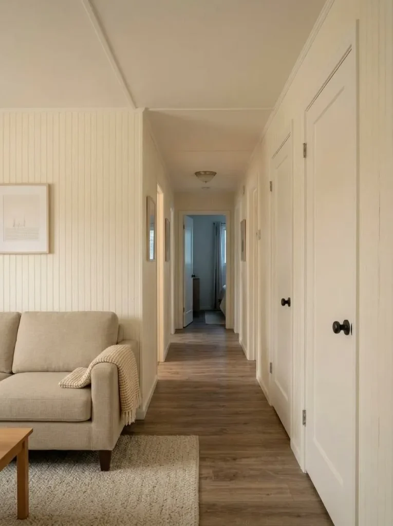 Matching painted doors and trim create visual continuity through a narrow mobile home hallway.