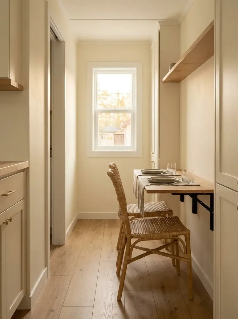 Wall-mounted drop-leaf dining table providing seating for two while preserving the narrow mobile-home kitchen aisle.