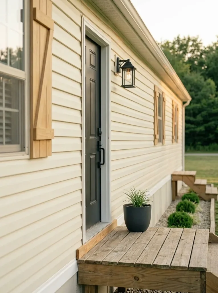 Coordinated black light, door hardware, and house-number details create a polished mobile home entrance.