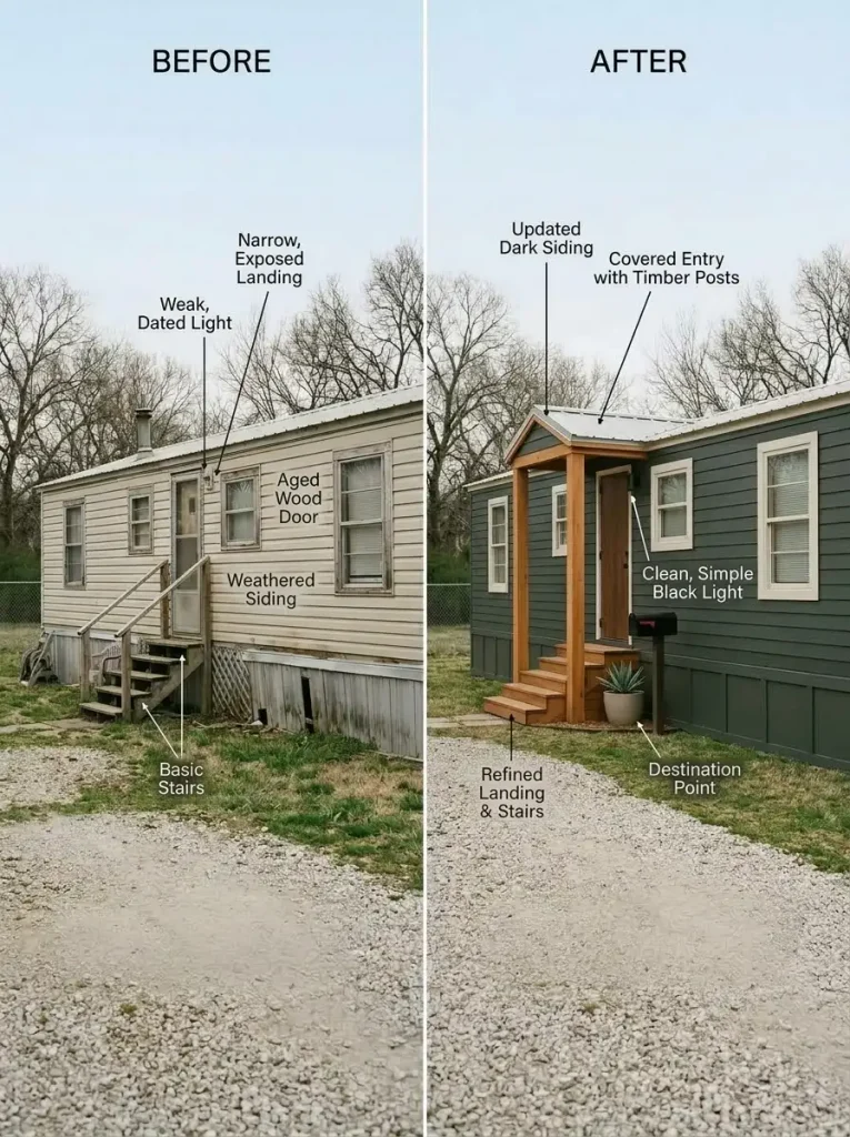 Old mobile home entry before and after a compact covered entrance adds depth and a stronger focal point.