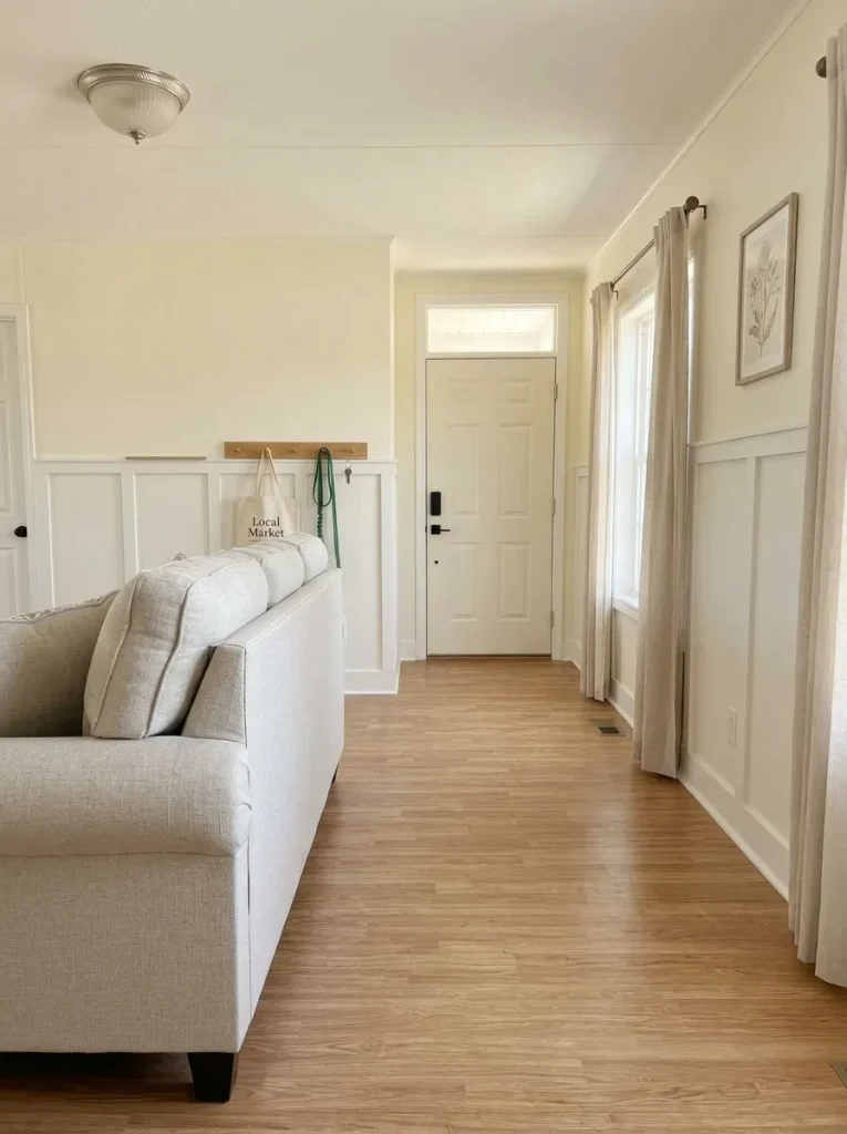 Compact mobile-home entry with a shallow peg rail storing everyday items while the floor remains clear.