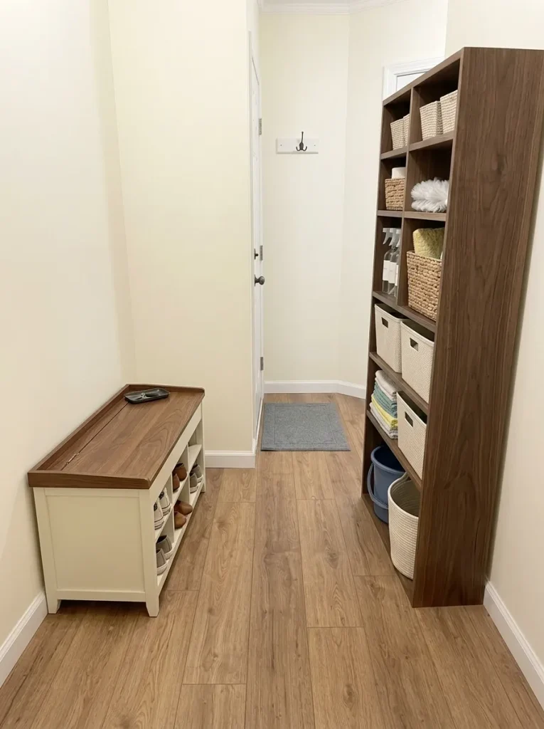Shallow entry storage bench with shoe cubbies leaves the mobile home's front-door walkway clear.