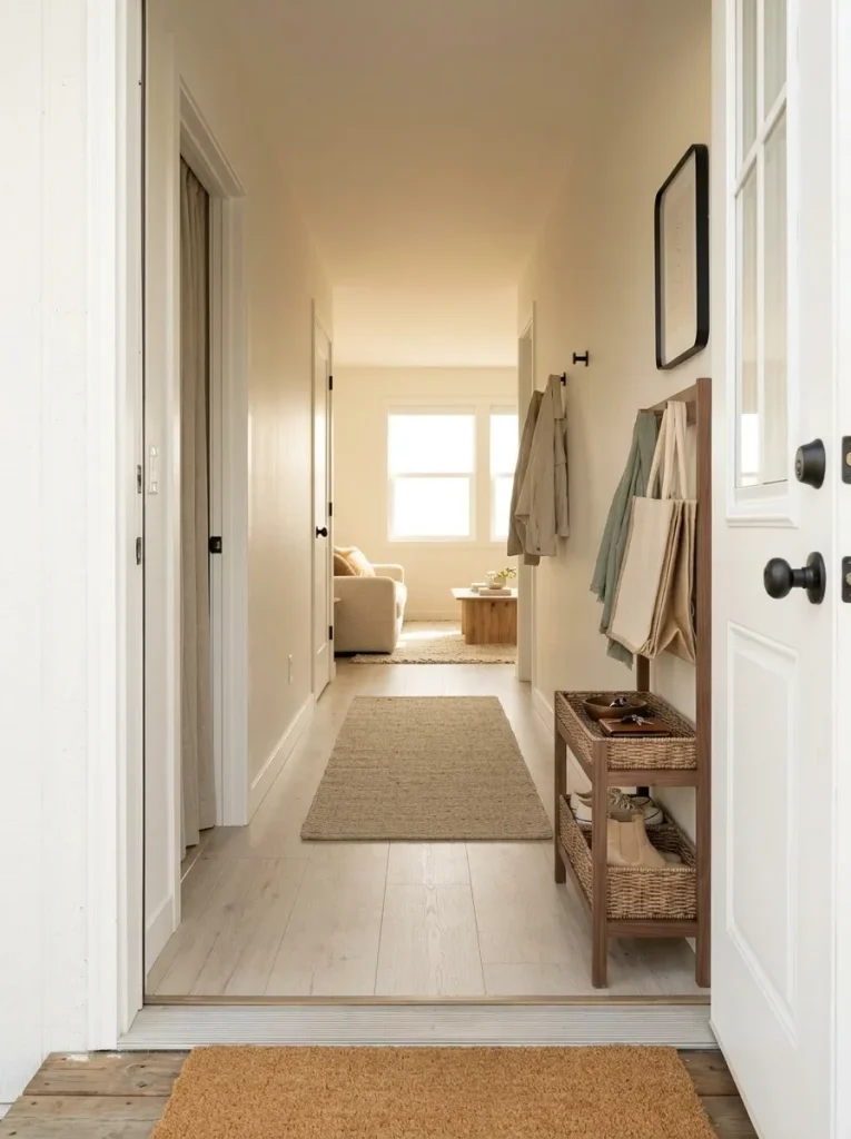 Narrow mobile home entry station with limited shoe, bag and key storage while the path into the living room stays open.