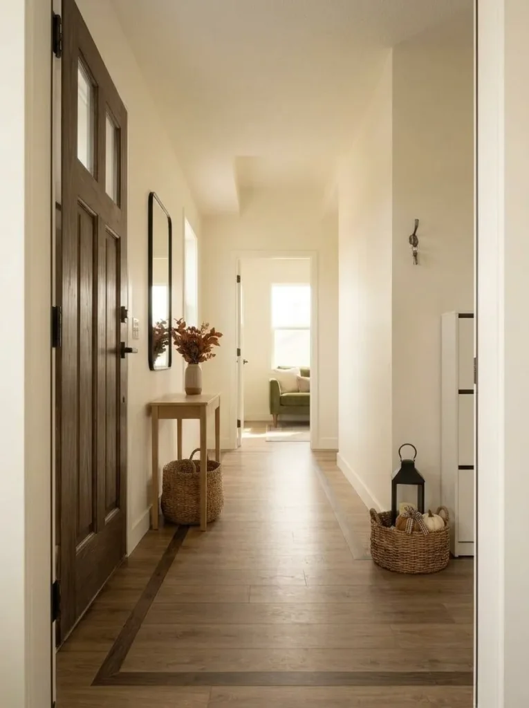 Open mobile home front door showing a clear door swing, landing area, walking path, and fall decor positioned safely outside the route.