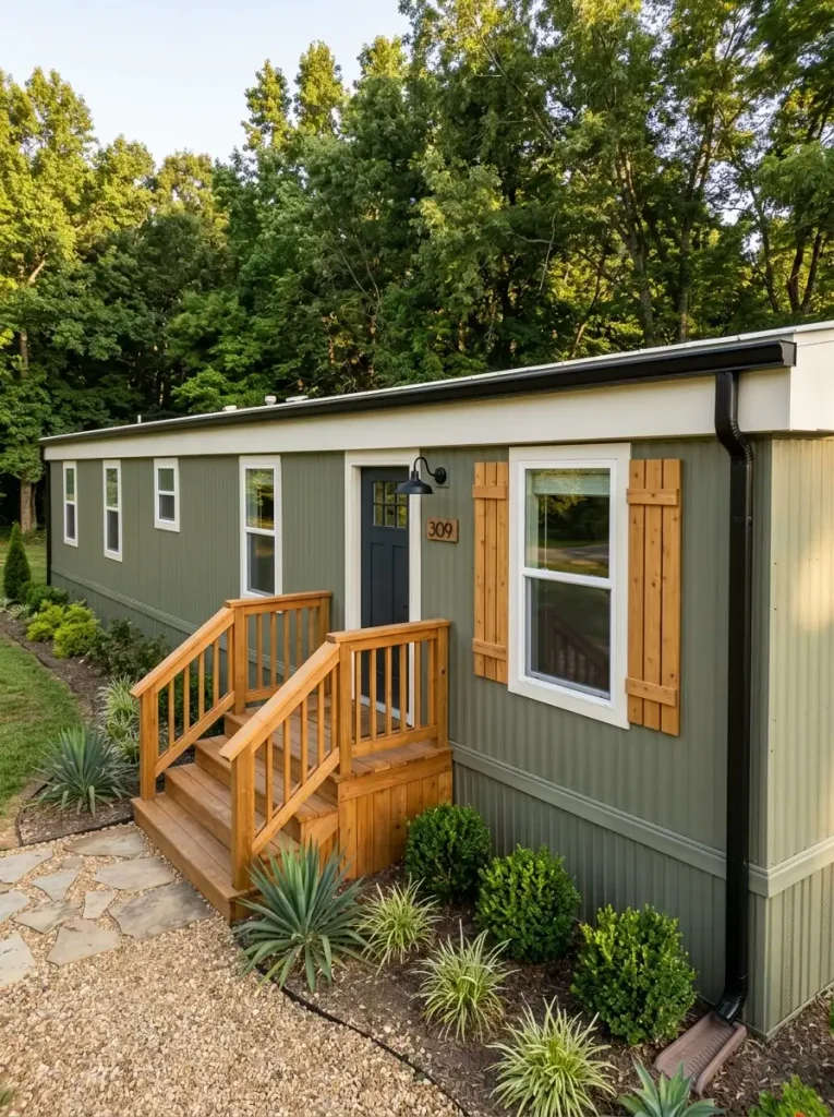 Mobile home exterior using an olive body, light trim, natural wood and dark accents in a controlled four-part palette.