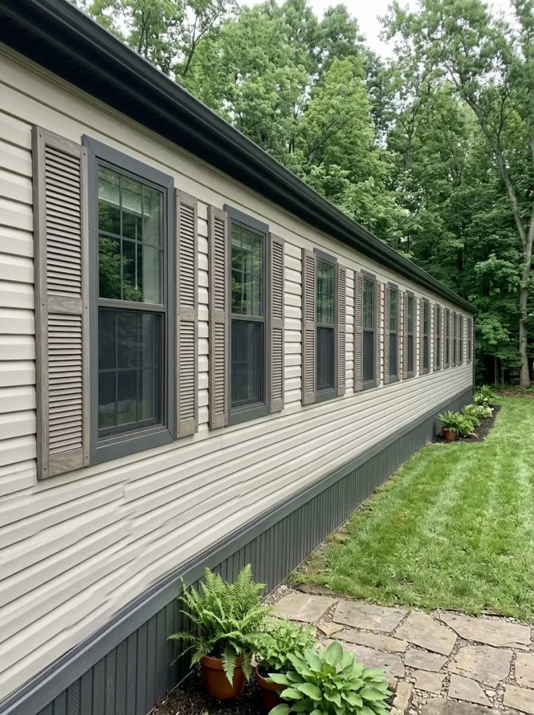 Repeated lightweight shutters create a consistent rhythm across several windows on a long mobile-home facade.