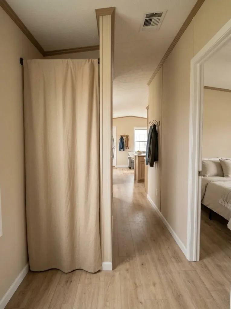Mobile home storage niche concealed with a removable neutral fabric panel while keeping the hallway circulation clear.