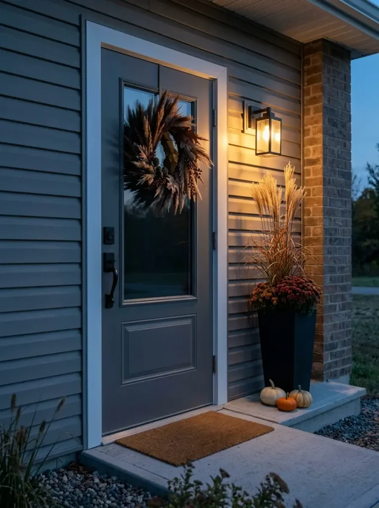 Fall mobile home front door at dusk with a warm porch light revealing wreath texture and a pale pumpkin.