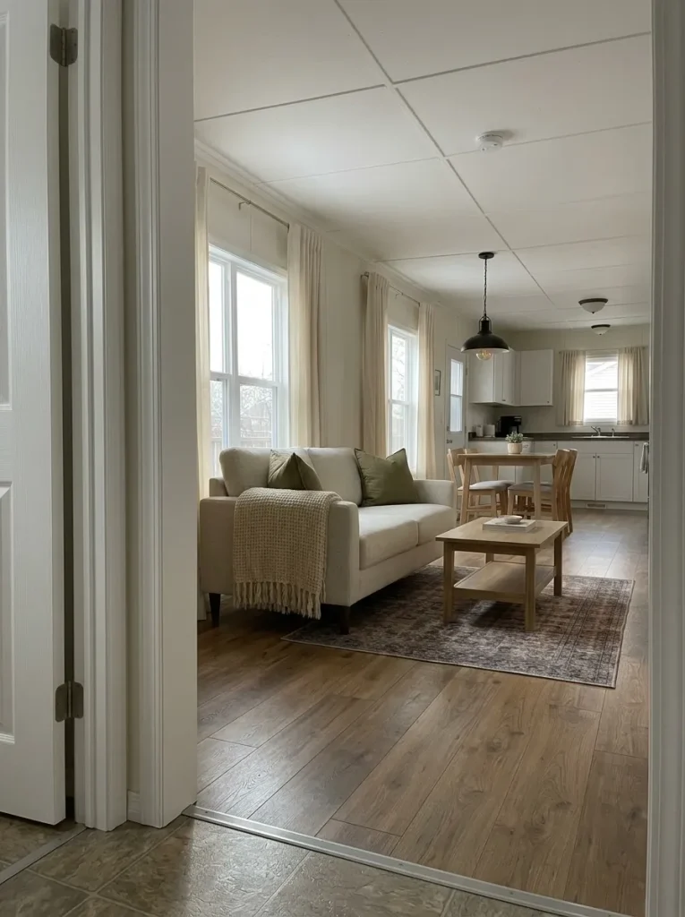 Mobile home living room with clean door trim, floor transition, curtain edges and finished visual junctions.
