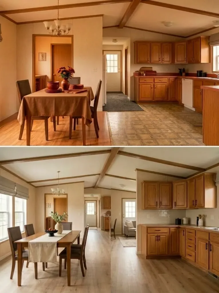 Long-axis before-and-after view of a mobile home showing how coordinated flooring and quieter transitions connect the kitchen, dining, and living areas.